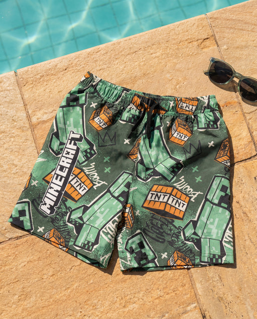 Minecraft Grafitti All Over Print Boys Green Swim Shorts