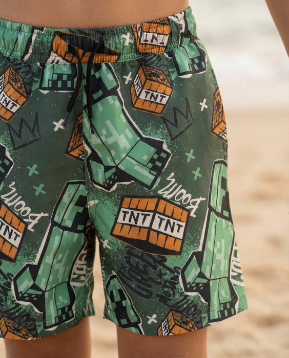 Minecraft Grafitti All Over Print Boys Green Swim Shorts
