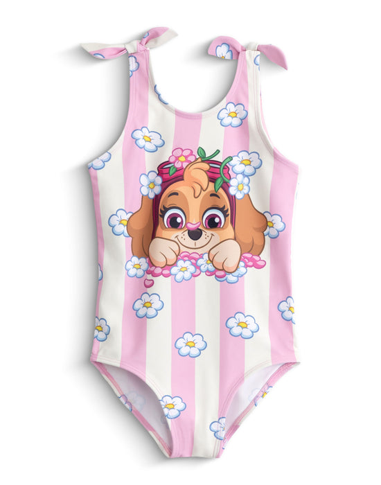 Paw Patrol Skye Flowers Girls Pink And White 1 Piece Swimming Costume