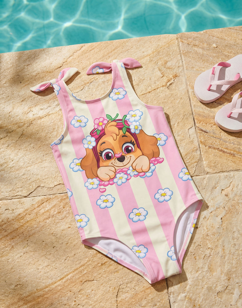 Paw Patrol Skye Flowers Girls Pink And White 1 Piece Swimming Costume