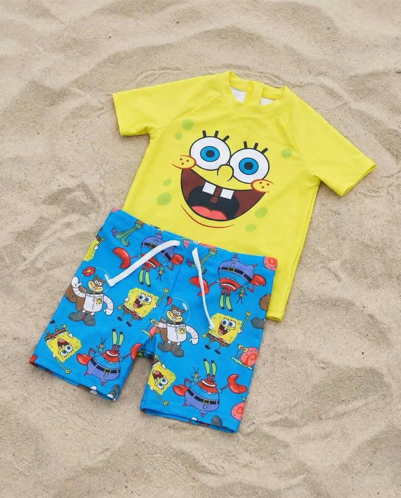 Spongebob Squarepants Character Face Boys Yellow & Blue 2 Piece Swim Set