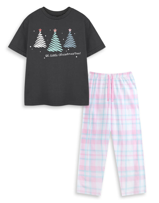 Christmas Tree Unisex Kids Black Short Sleeve Long Leg Pyjama Set