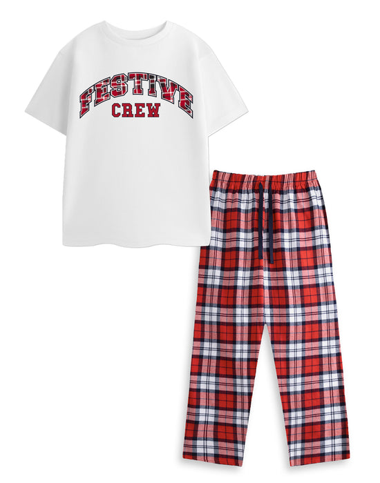 Festive Crew Unisex Kids White Short Sleeve Long Leg Pyjama Set