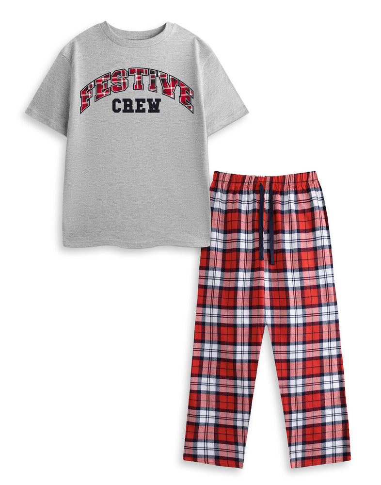 Festive Crew Unisex Kids Grey Short Sleeve Long Leg Pyjama Set