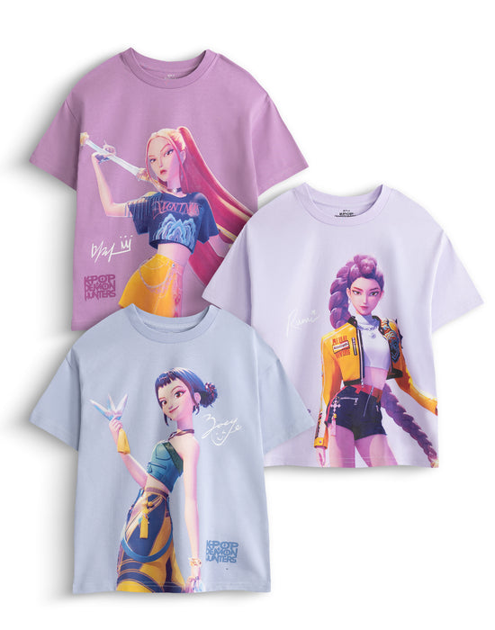 KPop Demon Hunters Multi Character Girls Multicoloured Multi-Pack of 3 Short-Sleeved T-Shirts