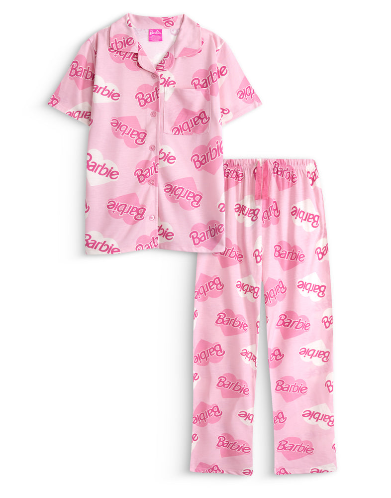 Barbie Love Hearts Button Up Girls Pink Short Sleeve Long Leg Pyjama Set