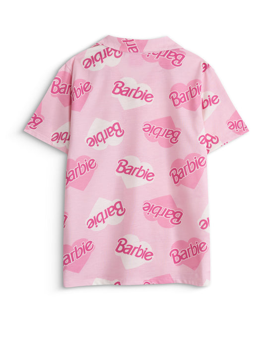 Barbie Love Hearts Button Up Girls Pink Short Sleeve Long Leg Pyjama Set