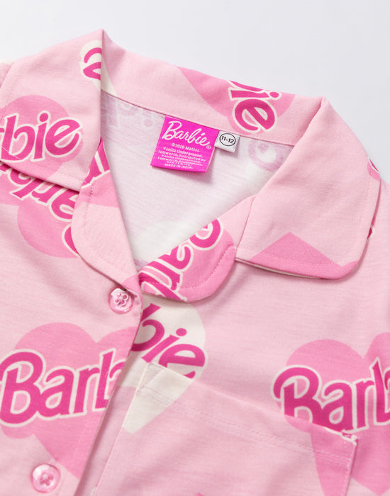 Barbie Love Hearts Button Up Girls Pink Short Sleeve Long Leg Pyjama Set