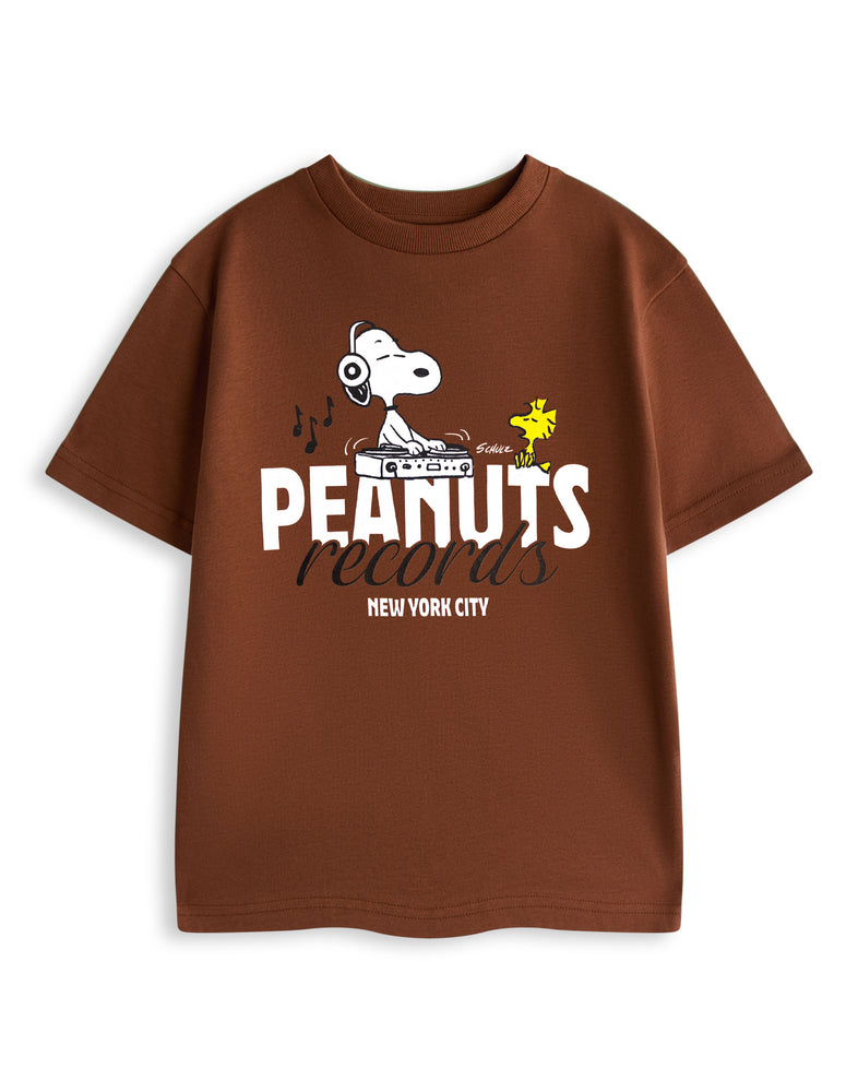 Peanuts Records Snoopy Unisex Kids Brown Short Sleeved T-Shirt