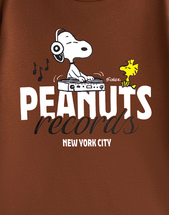 Peanuts Records Snoopy Unisex Kids Brown Short Sleeved T-Shirt