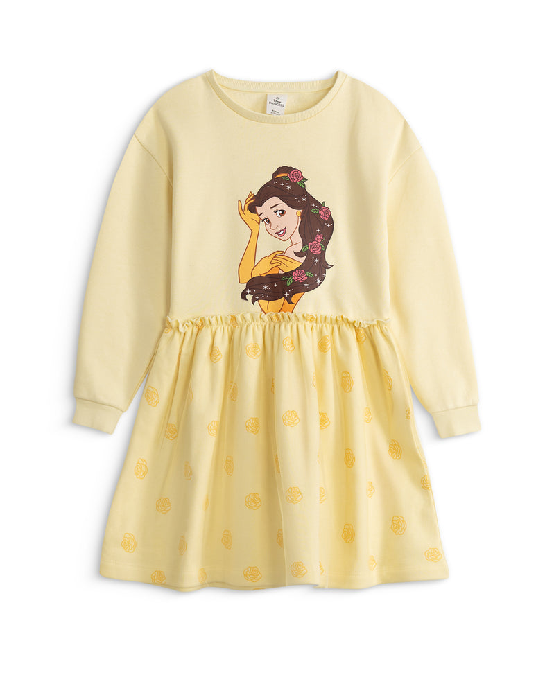 Disney Beauty And The Beast Belle Face Character Girls Yellow Sweatshirt Dress