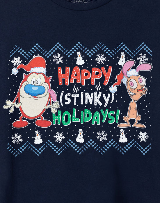 Ren & Stimpy Happy Stinky Holidays Mens Navy Short Sleeved T-Shirt