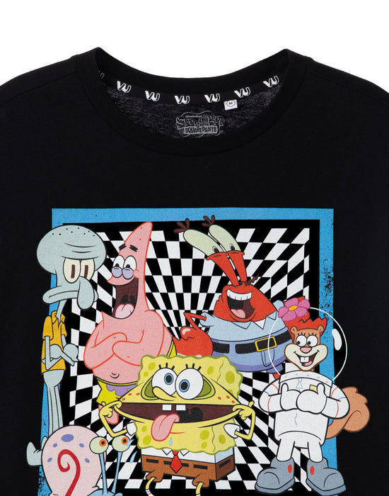 SpongeBob SquarePants Checkerboard Group Mens Black Short Sleeved T-Shirt
