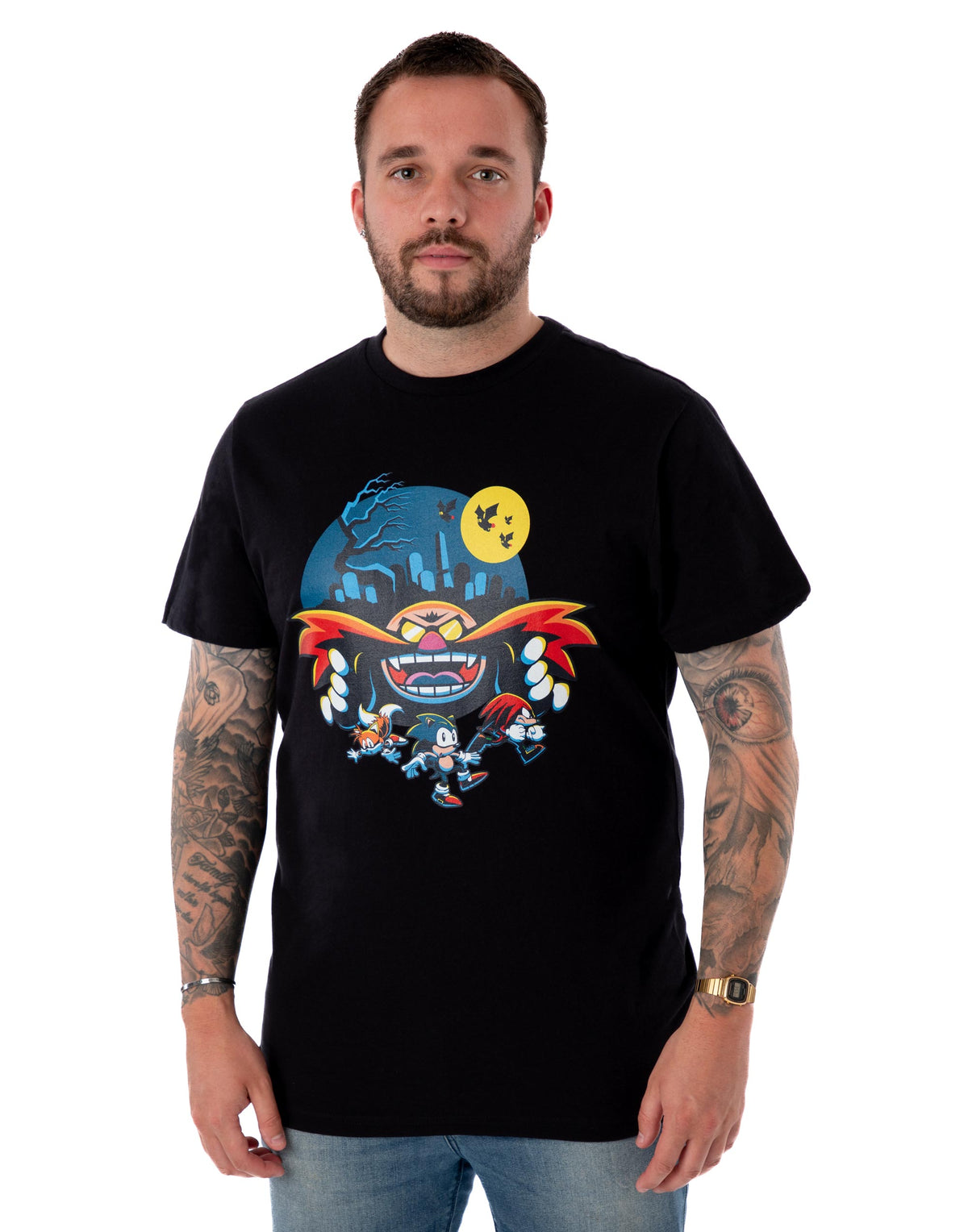 Sonic The Hedgehog Herren T-Shirt – Dr. Eggman Chaos Hoops Design, 100% Baumwolle, Schwarz