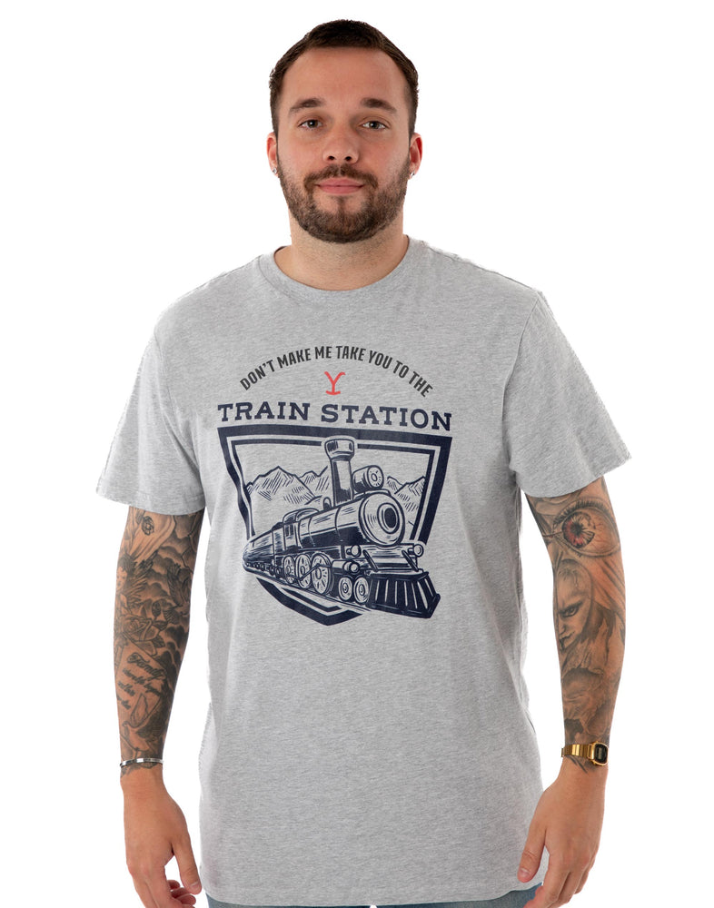 Yellowstone Train Station Mens Grey Marl Short Sleeved T-Shirt
