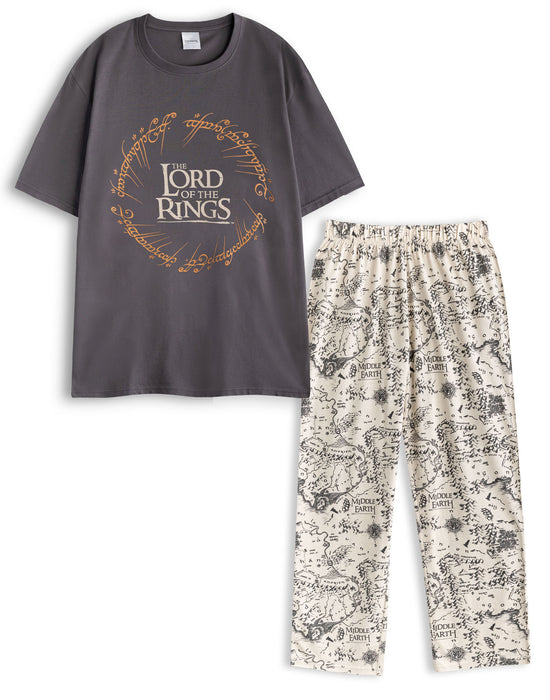 Lord Of The Rings Logo Mens Grey Short Sleeve Long Leg Pyjama Set