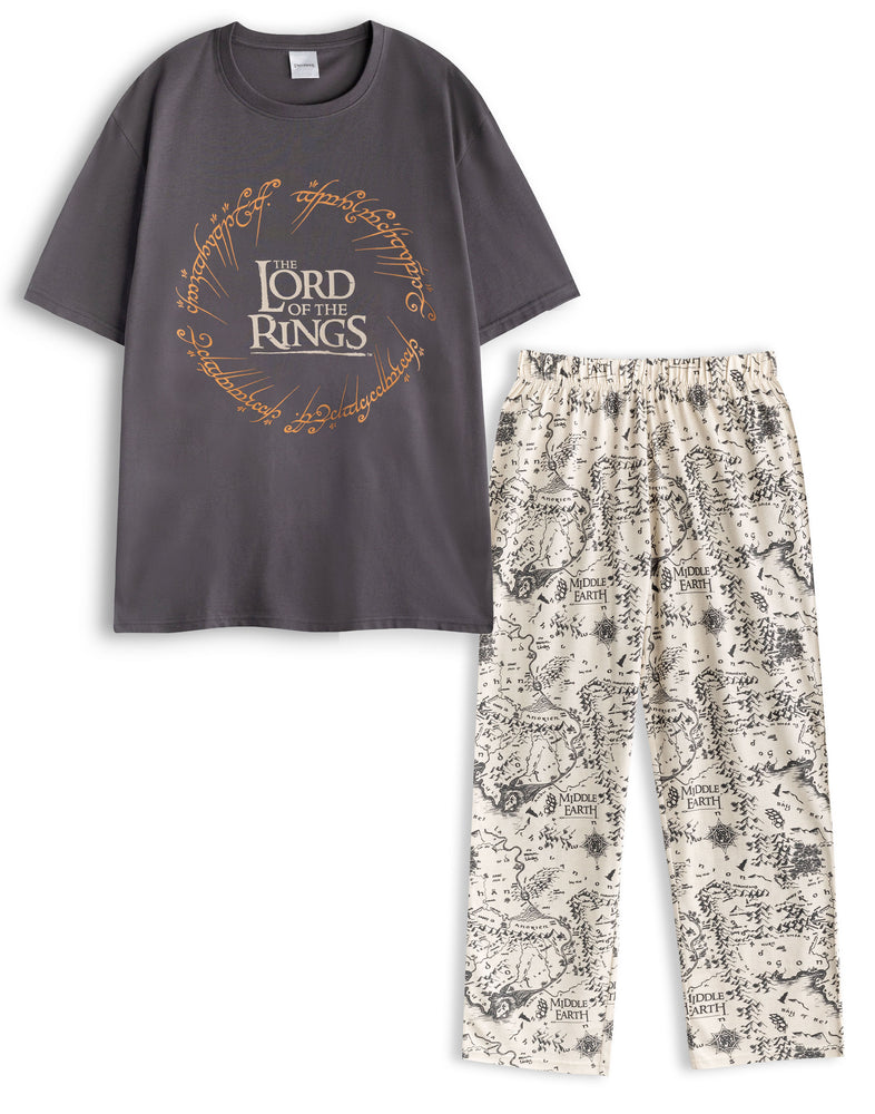 Lord Of The Rings Logo Mens Grey Short Sleeve Long Leg Pyjama Set