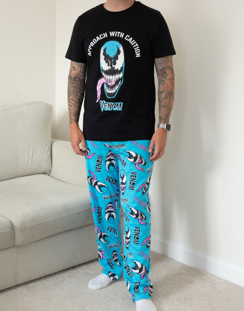 Marvel Venom Mens Black Short Sleeve Long Leg Pyjama Set — Vanilla