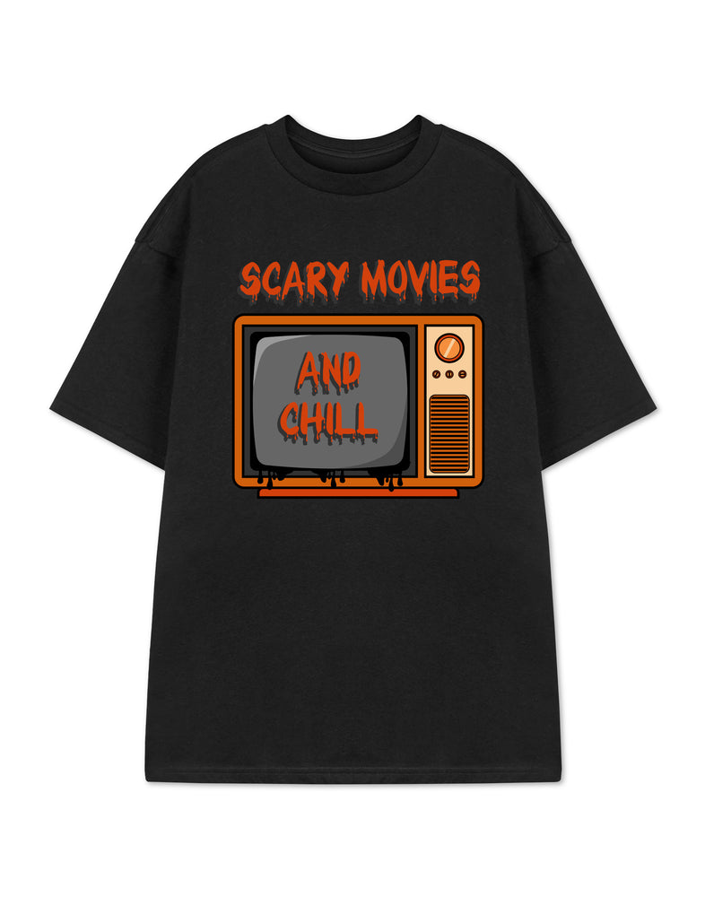 Show Me The Merch Scary Movies and Chill Unisex Black Short Sleeved T-Shirt
