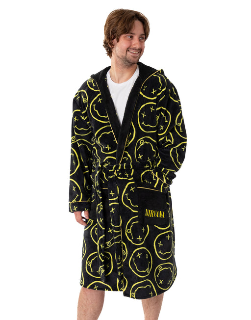 Nirvana Logo Mens Black Hooded Bathrobe