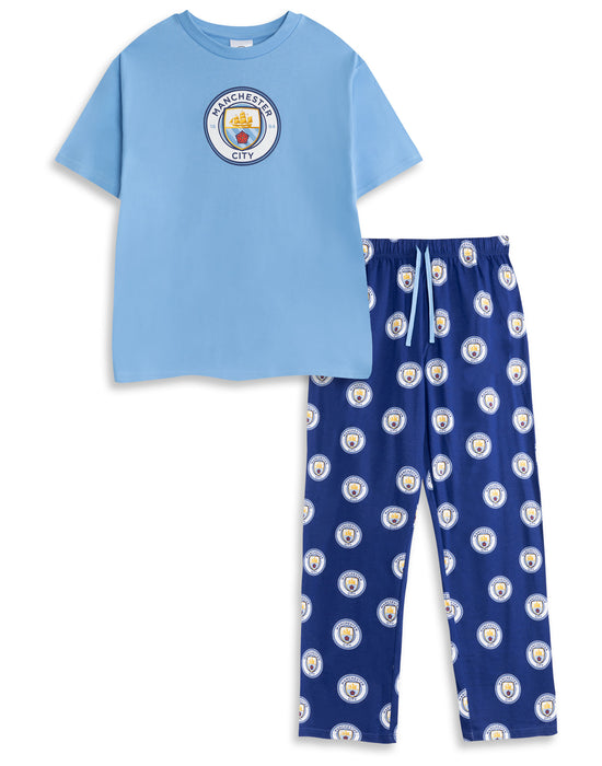 Manchester City Logo Mens Blue Short Sleeve Long Leg Pyjama Set