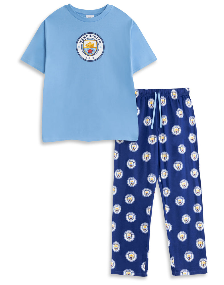 Manchester City Logo Mens Blue Short Sleeve Long Leg Pyjama Set