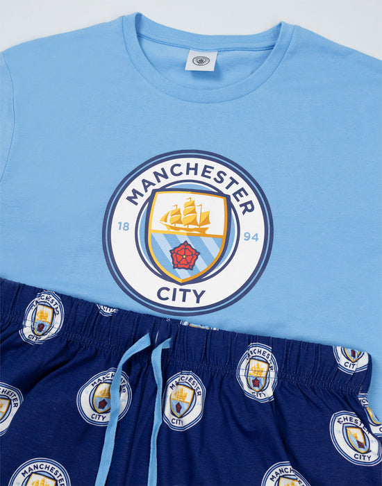 Manchester City Logo Mens Blue Short Sleeve Long Leg Pyjama Set
