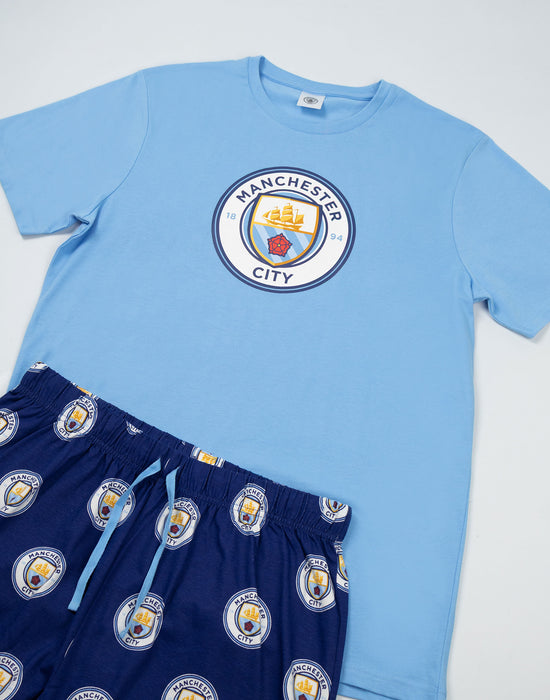 Manchester City Logo Mens Blue Short Sleeve Long Leg Pyjama Set