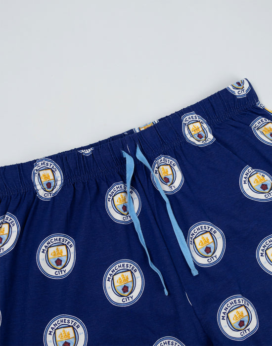 Manchester City Logo Mens Blue Short Sleeve Long Leg Pyjama Set