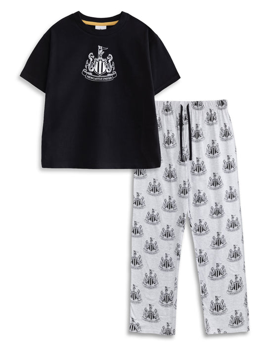 Newcastle United Logo Mens Black Short Sleeve Long Leg Pyjama Set
