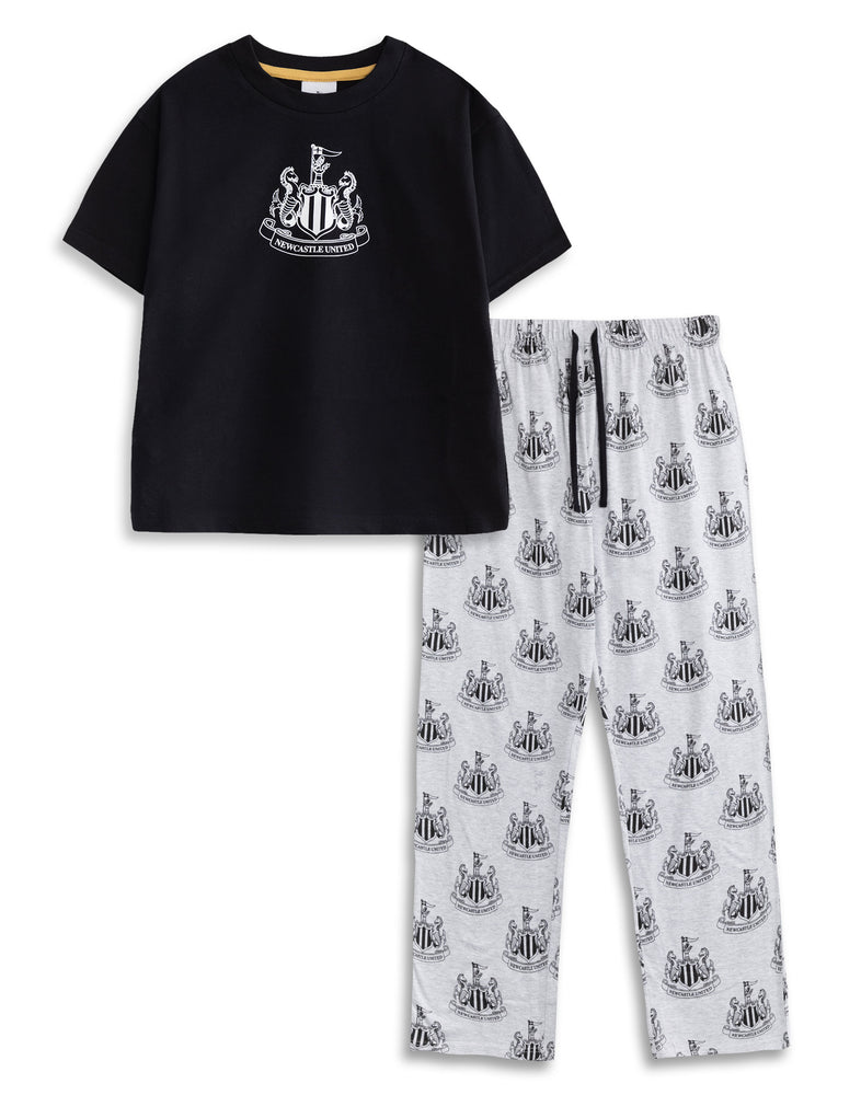 Newcastle United Logo Mens Black Short Sleeve Long Leg Pyjama Set