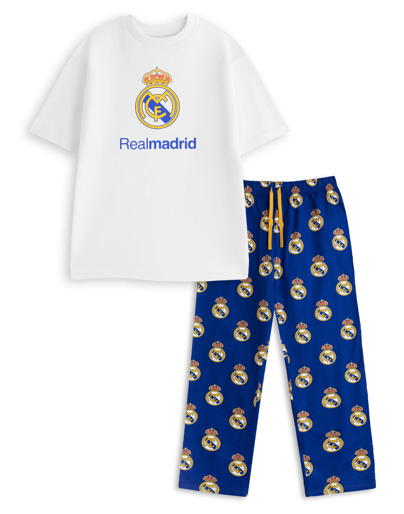 Real Madrid Logo Mens White Short Sleeve Long Leg Pyjama Set