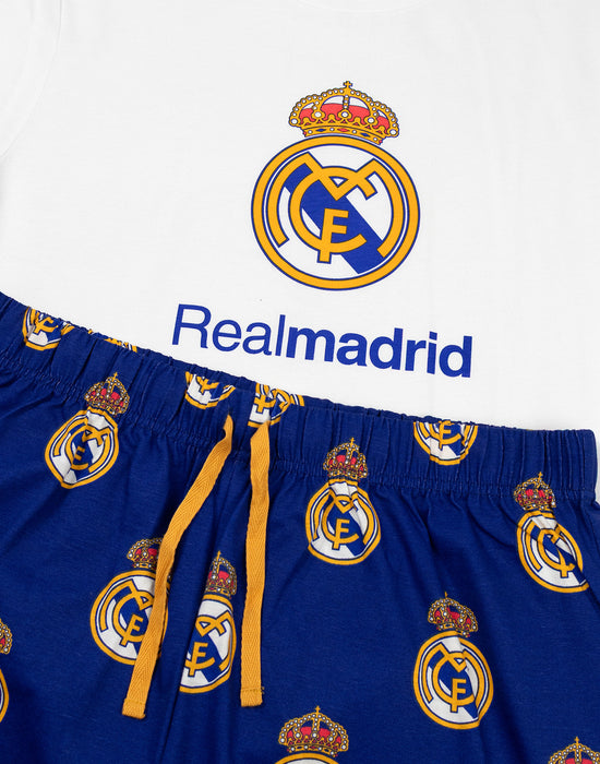 Real Madrid Logo Mens White Short Sleeve Long Leg Pyjama Set