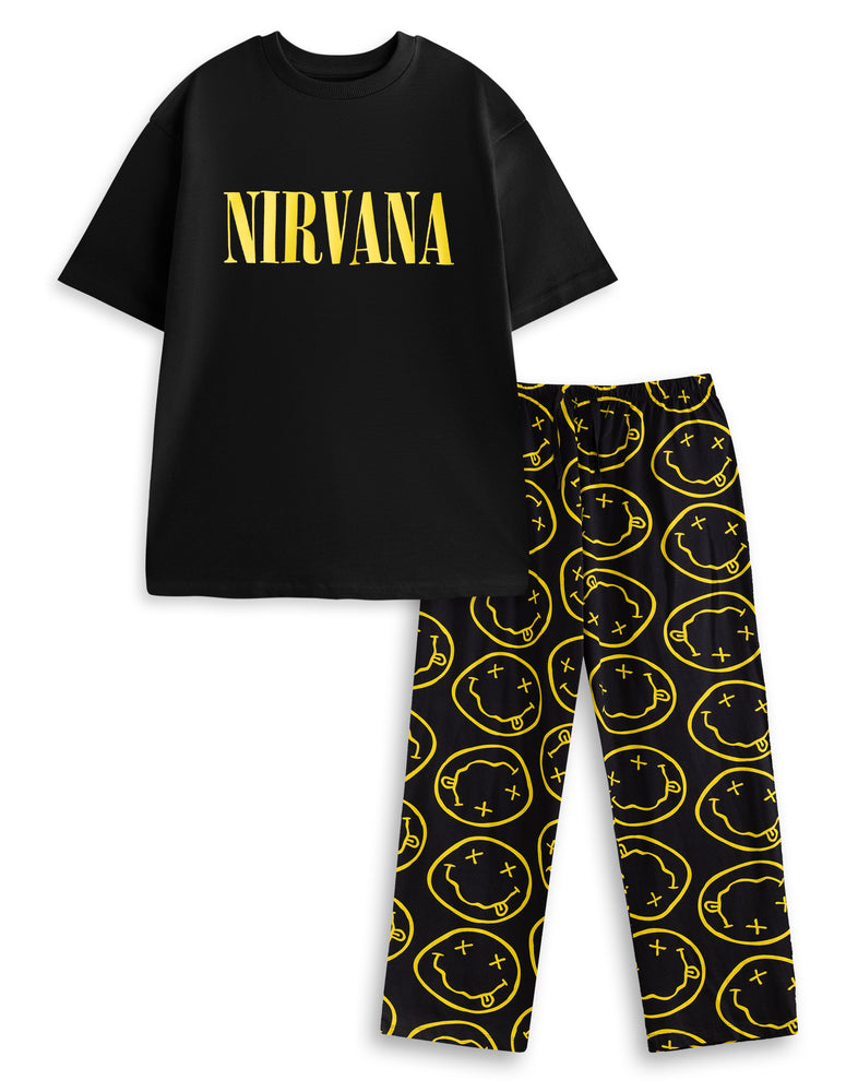 Nirvana Logo Mens Black Short Sleeve Long Leg Pyjama Set