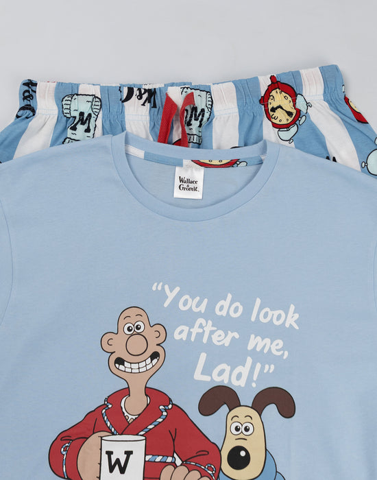 Wallace And Gromit Multi Character Mens Blue Short Sleeve Short Leg Pyjama Set