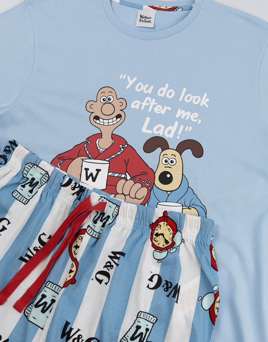 Wallace And Gromit Multi Character Mens Blue Short Sleeve Short Leg Pyjama Set