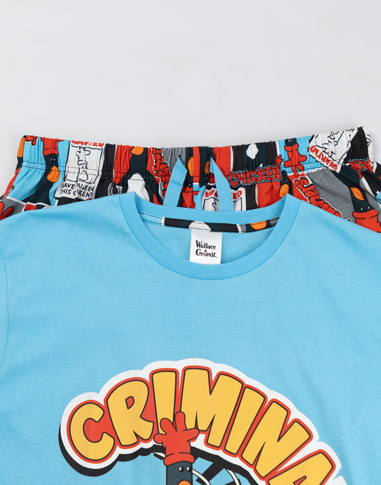 Wallace And Gromit Feathers Mens Blue Short Sleeve Short Leg Pyjama Set
