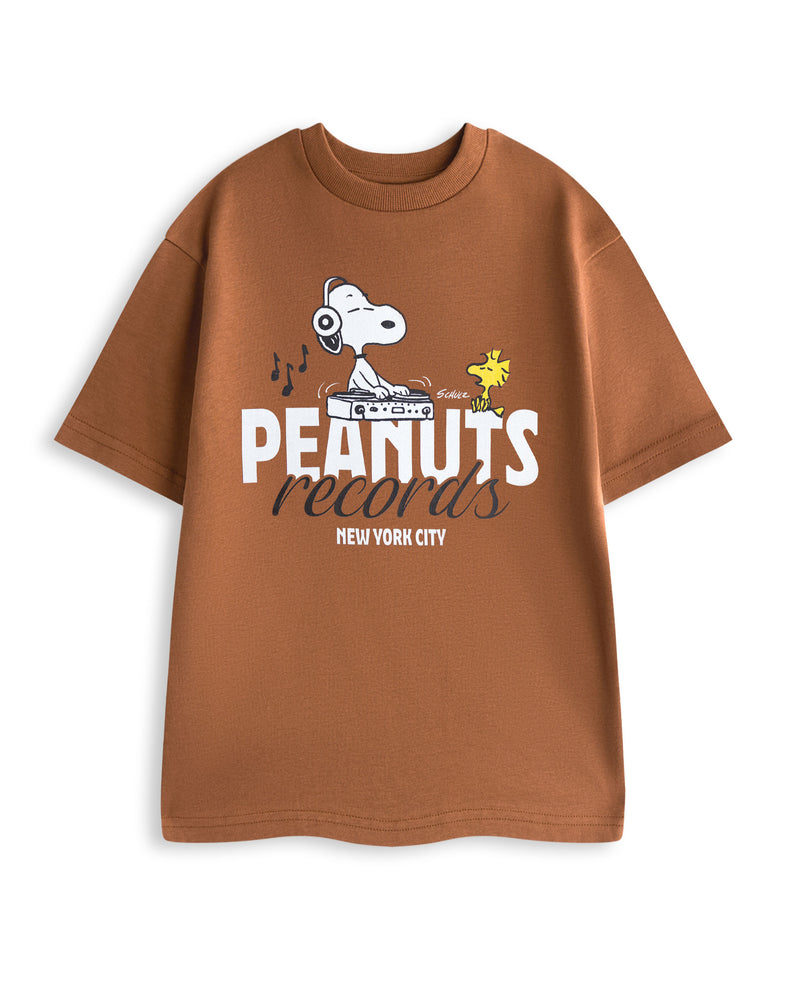 Peanuts Record Snoopy Unisex Brown Short Sleeved T-Shirt