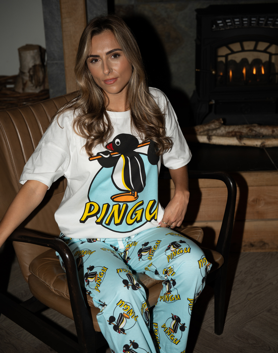 Pingu Character Womens Blue Short Sleeve Long Leg Pyjama Set
