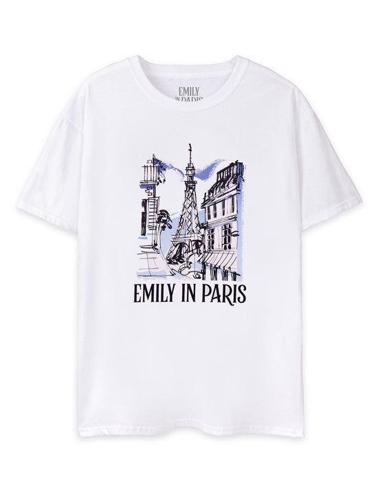 Emily in Paris Sketchy Cityscape Womens White Short Sleeved T-Shirt