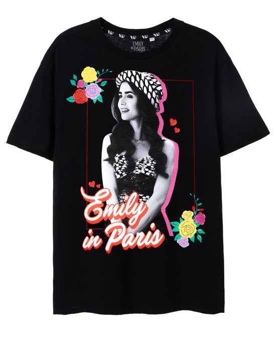 Emily in Paris Floral Womens Black Short Sleeved T-Shirt
