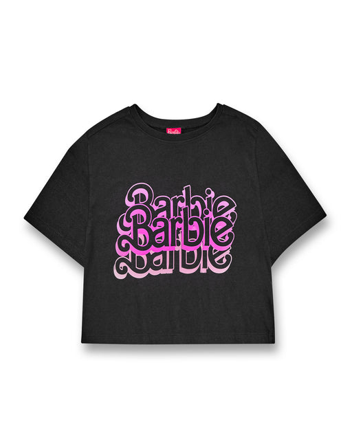 Barbie Womens  Grey Acid Wash Triple Logo Crop T-Shirt
