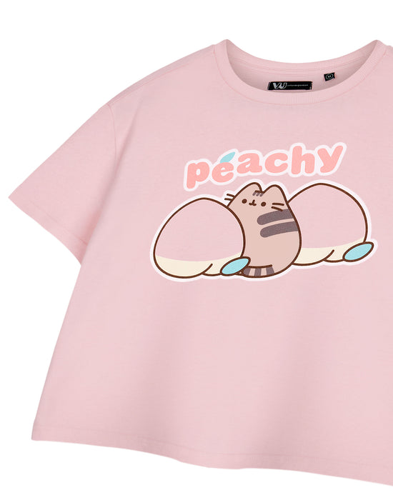 Pusheen Peachy Womens Pink Cropped Short Sleeved T-Shirt