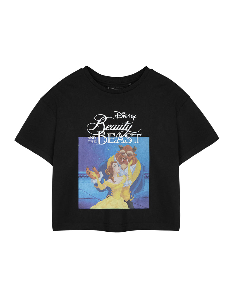 Disney Beauty & The Beast Womens Black Cropped Short Sleeved T-Shirt