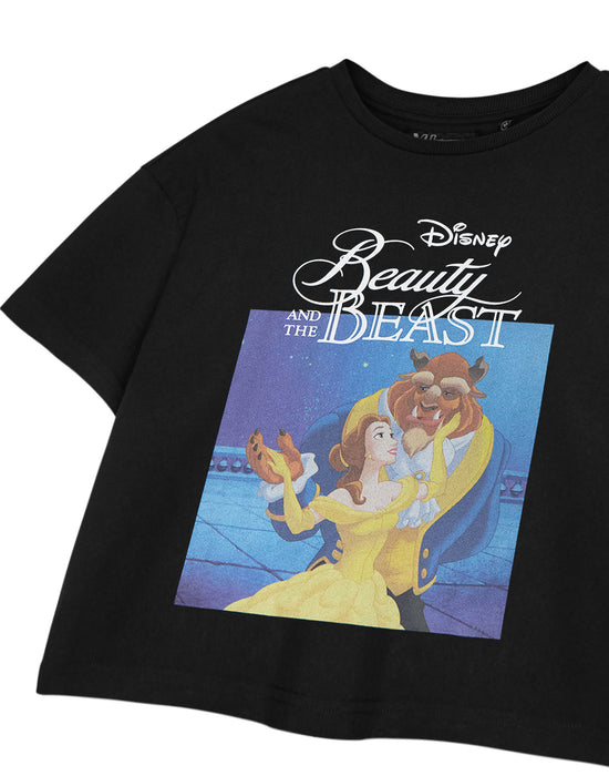 Disney Beauty & The Beast Womens Black Cropped Short Sleeved T-Shirt