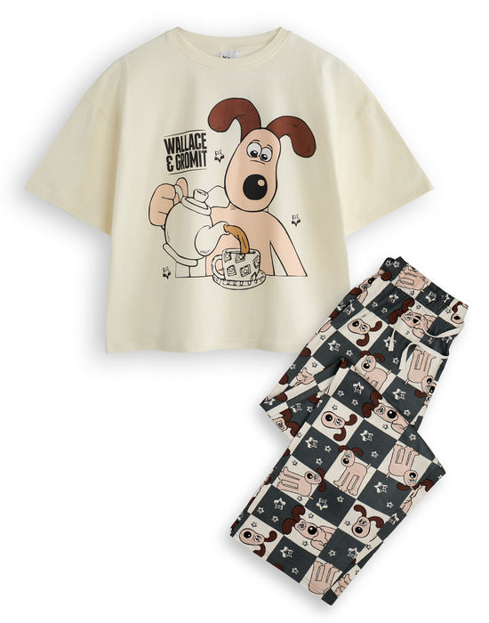 Wallace And Gromit Tea Time Womens Off-White Short Sleeve Long Leg Pyjama Set