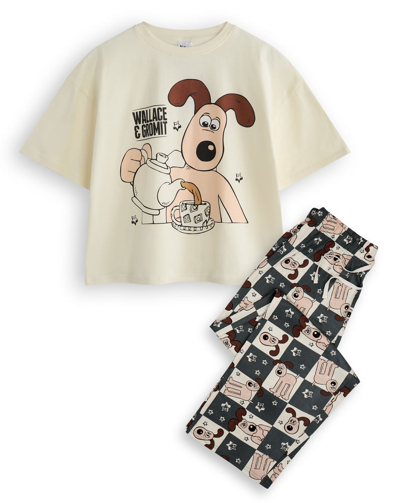 Wallace And Gromit Tea Time Womens Off-White Short Sleeve Long Leg Pyjama Set