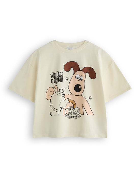 Wallace And Gromit Tea Time Womens Off-White Short Sleeve Long Leg Pyjama Set