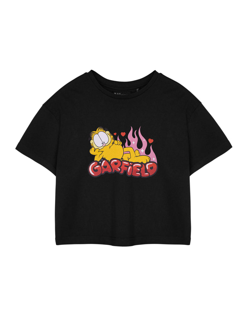 Garfield Flames Womens Black Cropped Short Sleeved T-Shirt