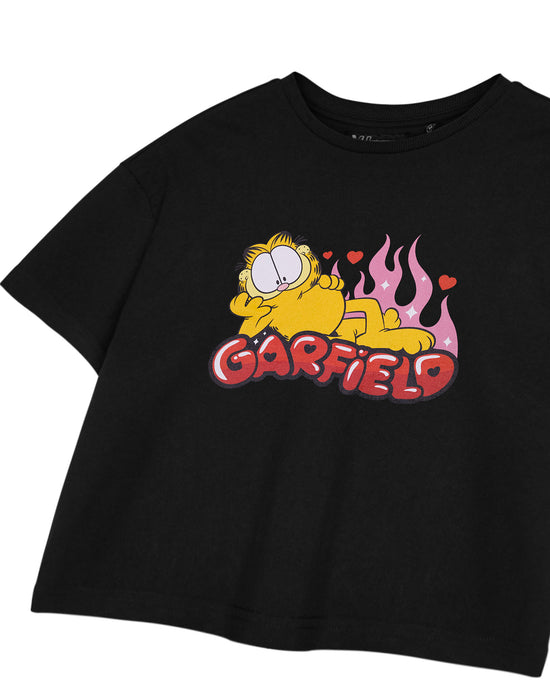 Garfield Flames Womens Black Cropped Short Sleeved T-Shirt